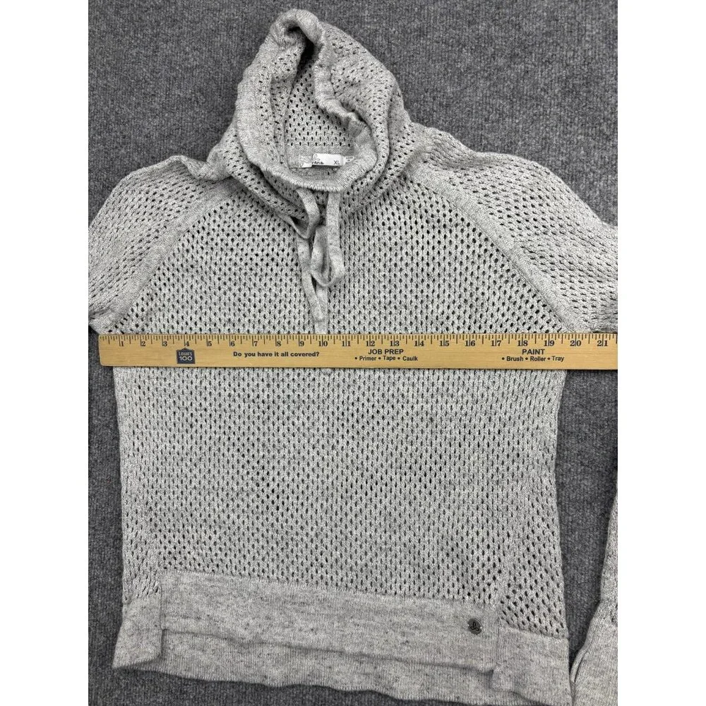 prAna Sweater Womens XL Gray Open Knit Mesh Cowl Neck Drawstring Raglan Pullover